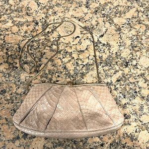 100 authentic Judith Lieberman Nude Snakeskin Purse/Clutch with gold strap.